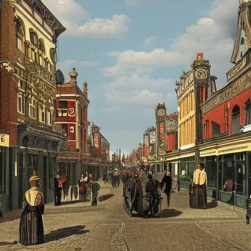 Image similar to Photograph of a busy victorian street in a town. Detailed, well lit. Colour.