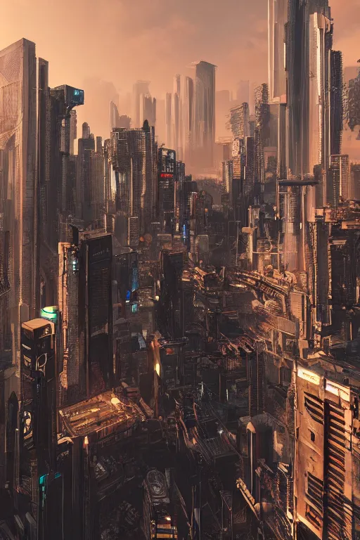 Image similar to cyberpunk cityscape like tokyo nework with tall buildings at dusk golden hour cinematic lighting, epic composition. A golden daylight, hyper-realistic environment. Hyper and intricate detail, photo-realistic. Cinematic and volumetric light. Epic concept art. Octane render and Unreal Engine, trending on artstation