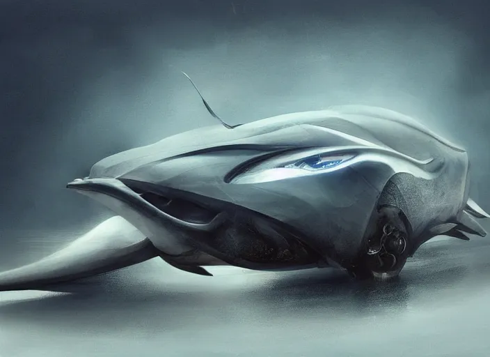 Prompt: beautiful concept design of a car that looks almost like a fish, shark or a whale. car design by cory loftis, fenghua zhong, ryohei hase, ismail inceoglu, ruan jia, henrik fisker, bruce kaiser, scott robertson, dmitry mazurkevich, doruk erdem, and jon sibal. volumetric light