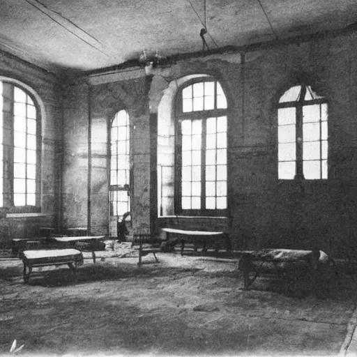 Image similar to insane asylum interior, 1910s