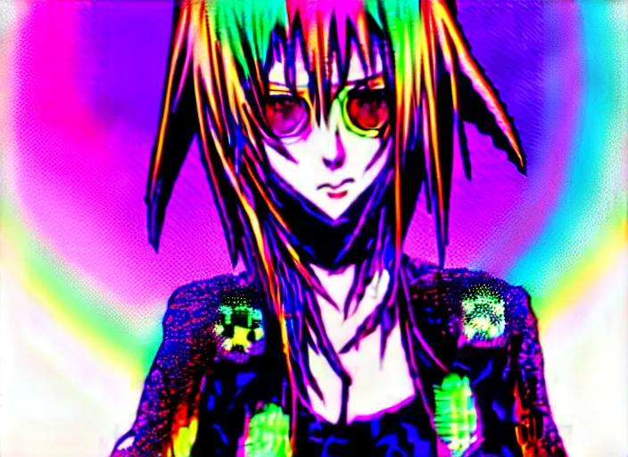 Prompt: a colorful deocra cybergoth witchcore art of a pixiv anime girl, a hologram by penny patricia poppycock, pixabay contest winner, holography, irridescent, photoillustration, vaporwave