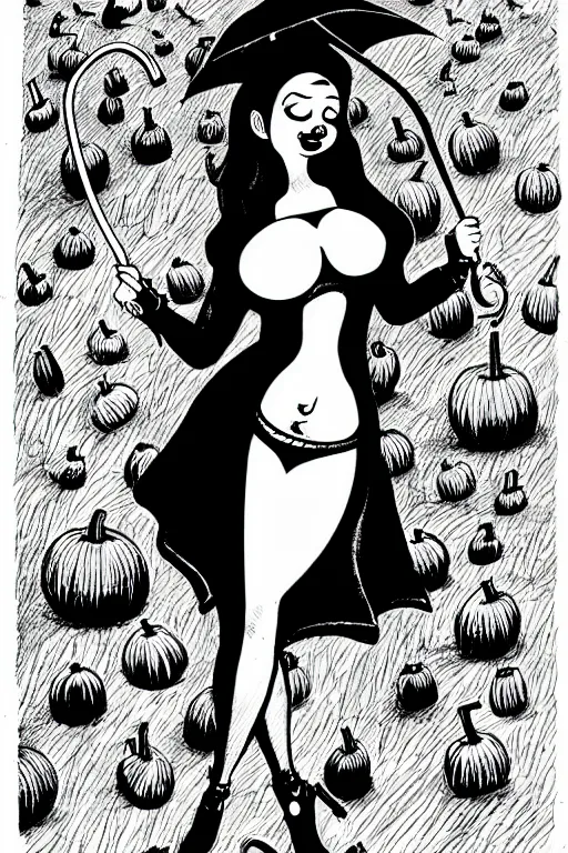 Prompt: black and white ink drawing of a beautiful curvy woman in short gothic skirt holding an umbrella next to a pumpkin by tim burton and edward gory