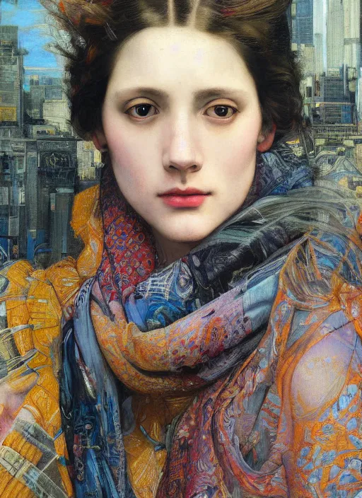 Prompt: close up portrait of a beautiful woman in a big city, wearing a scarf with colourful intricate psychodelic patterns, by edgar maxence and caravaggio and michael whelan and delacroix style, artistic, intricate drawing, light brazen, realistic fantasy, extremely detailed and beautiful aesthetic face, establishing shot, 8 k resolution, dramatic lighting