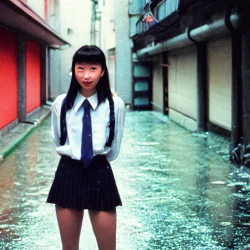 Image similar to 1990s perfect 8K HD professional cinematic photo of close-up japanese schoolgirl posing in sci-fi dystopian alleyway at morning during rain, at instagram, Behance, Adobe Lightroom, with instagram filters, depth of field, taken with polaroid kodak portra