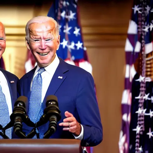 Image similar to ((((alien wearing a wig and a dress)))) and Joe Biden at a press conference, photograph, highly detailed, 4K