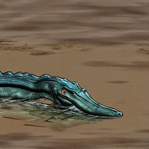 Image similar to curious indian gharial sliding through the mud, digital art, artstation, colorful