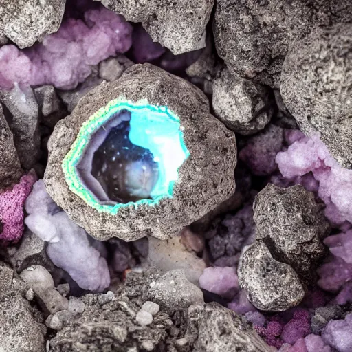 Image similar to photography of a geode with a a small body of an alien skellet inside it