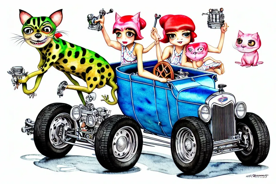 Image similar to cute and funny, margay riding in a tiny 1 9 2 3 ford t - bucket with oversized engine, ratfink style by ed roth, centered award winning watercolor pen illustration, isometric illustration by chihiro iwasaki, edited by range murata, tiny details by artgerm and watercolor girl, symmetrically isometrically centered