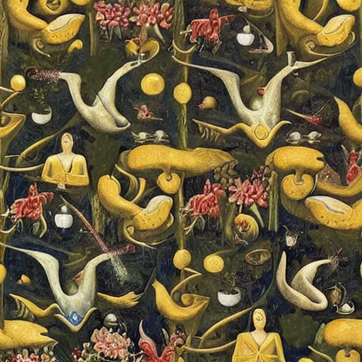 Image similar to the garden of earthly delights by remedios varo, seamless pattern