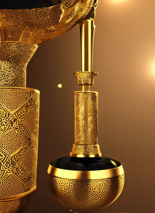 Image similar to an octane render of a beautiful shisha, made of obsidian, volumetric lighting, beautiful design, intricate golden engravings, oriental design hookah, hd render,