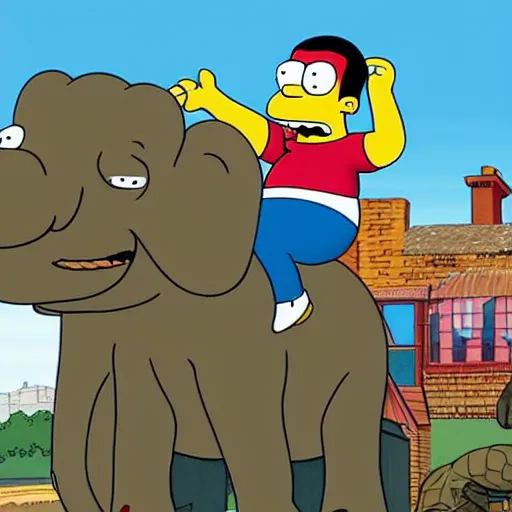 Prompt: Paul chuckle sat atop an elephant in an episode of the Simpsons, carton, 4k