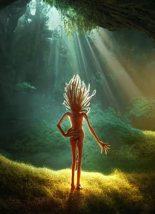 Image similar to preschool - nebular biomechanical incredible hair, crystalline masterpiece incrustations, hyperdetailed face, flippered feet, elegant pose, movie still, intricate, octane render, cinematic forest lighting, cgsociety, unreal engine, crepuscular rays, god rays, caustic shadows lighting, childrens textless storybook illustration