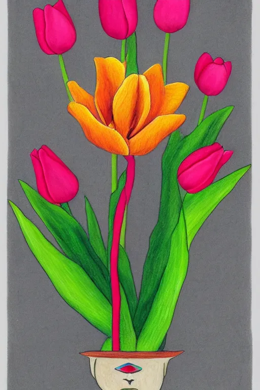 Image similar to a doodle drawing of a tulip in the stale of frida kahlo with the colors of mexico