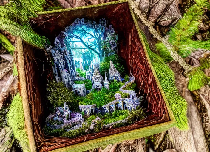 Image similar to photo of a crystal box with a magical kingdom inside, in the forest. Fantasy magic style. Highly detailed 8k. Intricate. Nikon d850 55mm. Award winning photography.