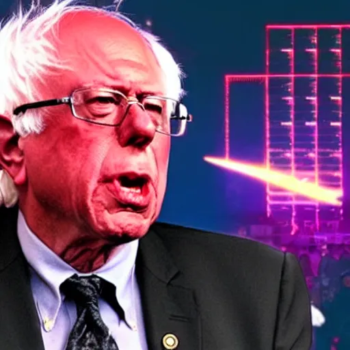 Prompt: bernie sanders with laser beams coming out of his eyes, synthwave