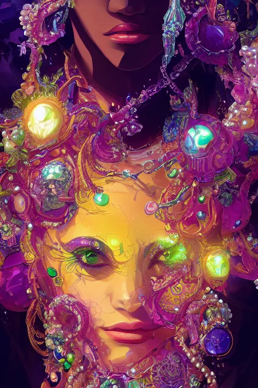 Image similar to maximalist detailed gemstone elemental portrait by adoryanti, machine. delusions, holosomnia, electrixbunny, rendered in discodiffusion. decorated with pearls and gems, behance hd. by wlop, rhads, makoto shinkai, ilya kuvshinov, igor goryunov artgerm. ray tracing hdr radiating a glowing aura