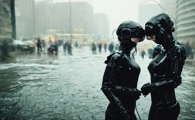 Image similar to cinestill 5 0 d candid photographic portrait by helen levitt of two loving female androids wearing rugged black mesh techwear in treacherous waters, extreme closeup, modern cyberpunk moody depressing cinematic, pouring rain, 8 k, hd, high resolution, 3 5 mm, f / 3 2, ultra realistic faces, ex machina