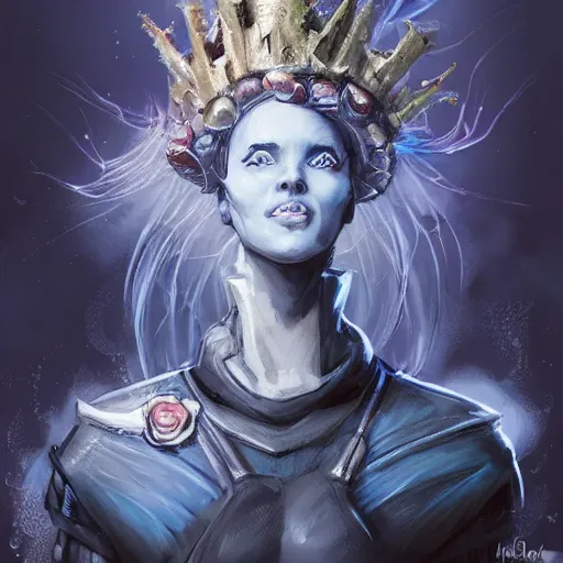 Prompt: mister freeze as an attractive young smiling woman wearing a mushroom crown and heavy armoured wedding dress, face portrait, hd shot, digital portrait, beautiful, fantasy art, artstation, comic style, by artgerm, guy denning, jakub rozalski, magali villeneuve and charlie bowater