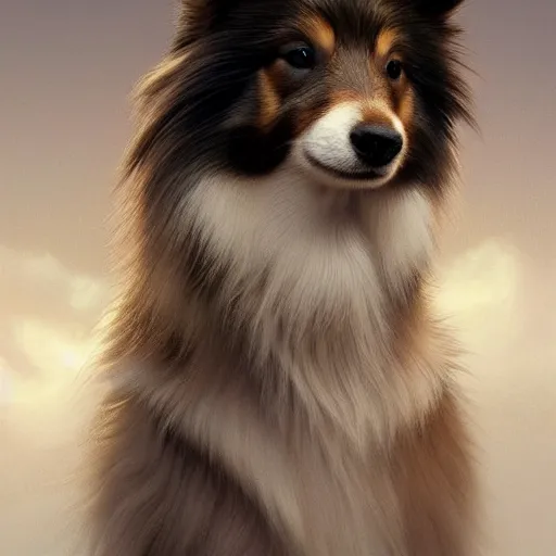 Image similar to a shetland sheepdog, elegant, highly detailed, digital painting, concept art, smooth, sharp focus, illustration, art by artgerm and greg rutkowski and alphonse mucha,artstation,deviantart,FAN ART,Unreal Engine,face enhance,8K,golden ratio,cinematic lighting H 704