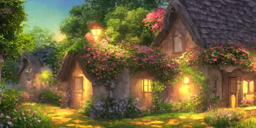 Image similar to flowery cottage, evening, highly detailed, studio ghibli, artstation