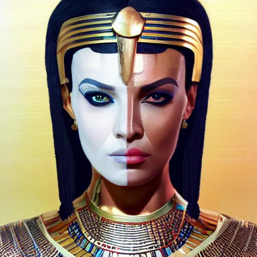 Prompt: half body portrait of the muscular Egyptian Android Pharaoh Queen, by DC comics and Sandra Chevrier and beeple, artstation, volumetric lighting and fog, hyperrealism, hyper detailed futuristic royalty, award winning costume design, cybernetic bionic ancient cyborg, fashion show runway, futuristic fine textures, woven with electricity, high fashion superpowers, floating dust particles, bokeh, mystic haze, 4k UHD, HDR