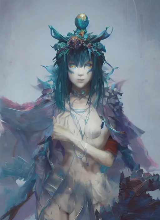 Image similar to matte painting, by yoshitaka amano, by ruan jia, by conrad roset, by good smile company, detailed anime 3d render of a female jester goddess, portrait, cgsociety, artstation, quirky modular costume and grand headpiece in the style of fischer price, surreal mystical atmosphere