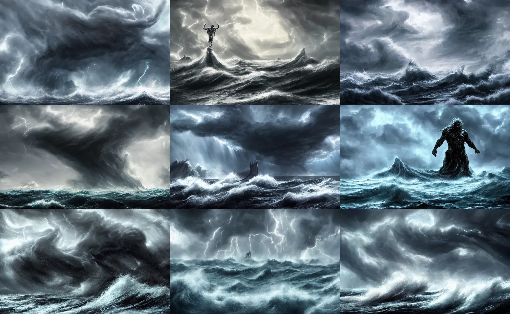 Prompt: a concept art of the giant poseidon god coming out of a black stormy sea with storm on the horizon, epic scene, digital art, dynamic scene, good light