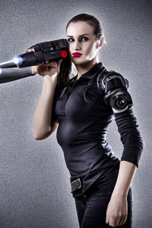 Image similar to a photo of a beautiful woman with a laser gun in her hands, ready for action. detailed eyes. full body. pretty face. tight clothes. moody lighting. highly detailed.