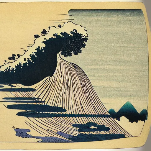 Prompt: train, painting by hokusai