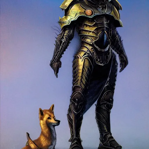 Image similar to daedric armor, realistic face anthropomorphic shiba inu, daedric armor, stuning 3 d render, masterpiece, glowing aura, by donato giancola and greg rutkowski and wayne barlow and zdzisław beksinski