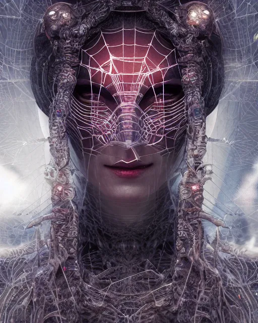 Prompt: timeless spiderwoman deity with circuitry skin and networked mind tripping on acid, intricate detail, royo, whealan, giger, klimt, hd, octane render, unreal engine,