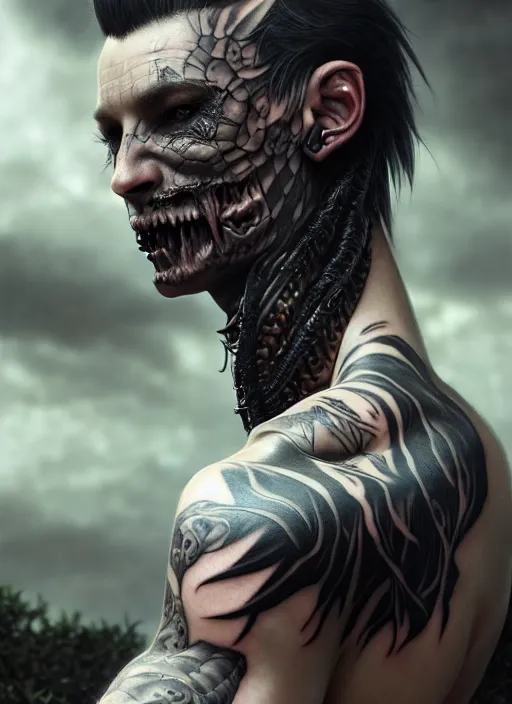 Image similar to ultra realistic, male human predator, goth, tattoos, leather, fantasy, flesh, bone, body horror, intricate details, eerie, highly detailed, octane render, 8 k, art by artgerm and alphonse mucha and greg rutkowski