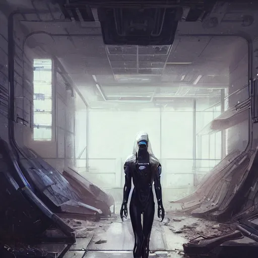 Image similar to concept art by greg rutkowski, a very tall, and slender blonde woman, wearing futuristic space suits, exploring the interior of an abandoned space station, brutalist futuristic interior, dark lighting atmosphere, detailed portraits, scary atmosphere, scifi, digital painting, artstation, concept art, smooth, sharp foccus ilustration, artstation hq