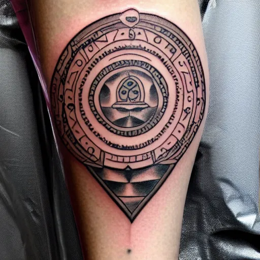 Image similar to A photograph of a tattoo of a holy ice cream cone, in a circle of glyphs, on the back of a woman's shaved head