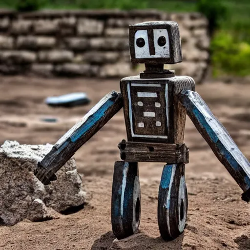 Image similar to ancient robot made of wood and clay. Historic photo from archaeological site 4K