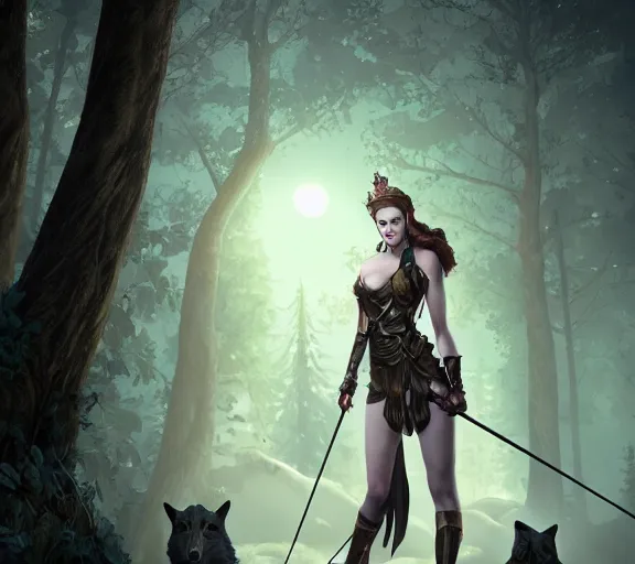 Image similar to Greek Goddess Artemis in moonlit forest, surrounded by wolves, wearing leather archer armour, medium shot portrait by artgerm loish and WLOP, octane render, dynamic lighting, asymmetrical portrait, dark fantasy, cool blue toned, trending on ArtStation