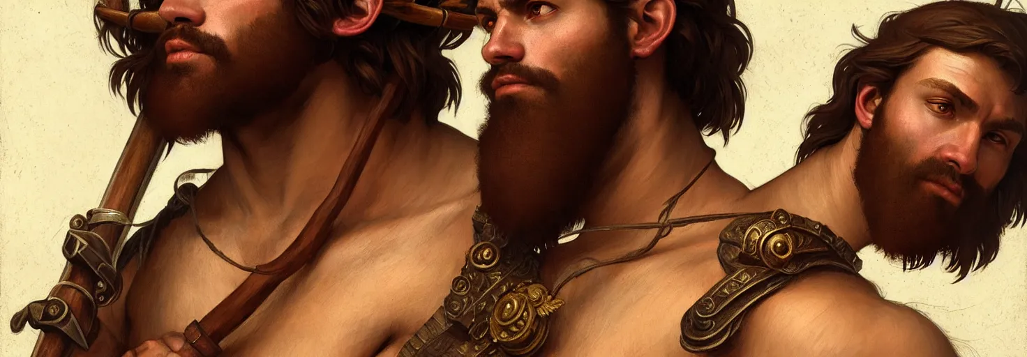 Image similar to renaissance upper body portrait of a gruff ranger with a spear, Ethiopian, lean and toned, handsome face, hairy chest, D&D, intricate, elegant, highly detailed, digital painting, artstation, concept art, matte, sharp focus, illustration, art by da Vinci, Artgerm and Greg Rutkowski and Alphonse Mucha