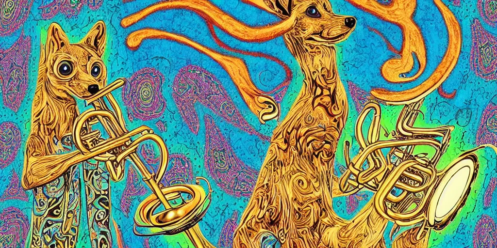 Image similar to highly detailed digital artwork of a psychedelic dingo - man with a salvador dali mustache. he wears a blue paisley jacket. he has a short green fade hairstyle. he is playing the trumpet.