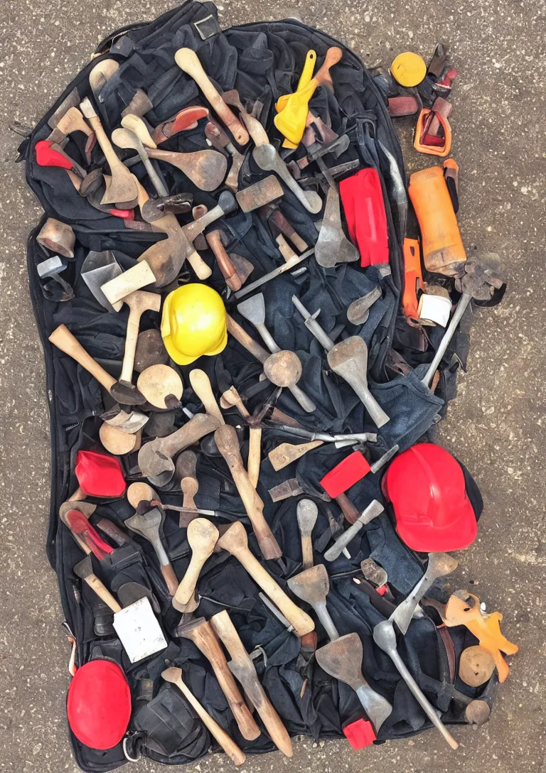 Image similar to a beautiful photograph of a workman's bag of useless hammers