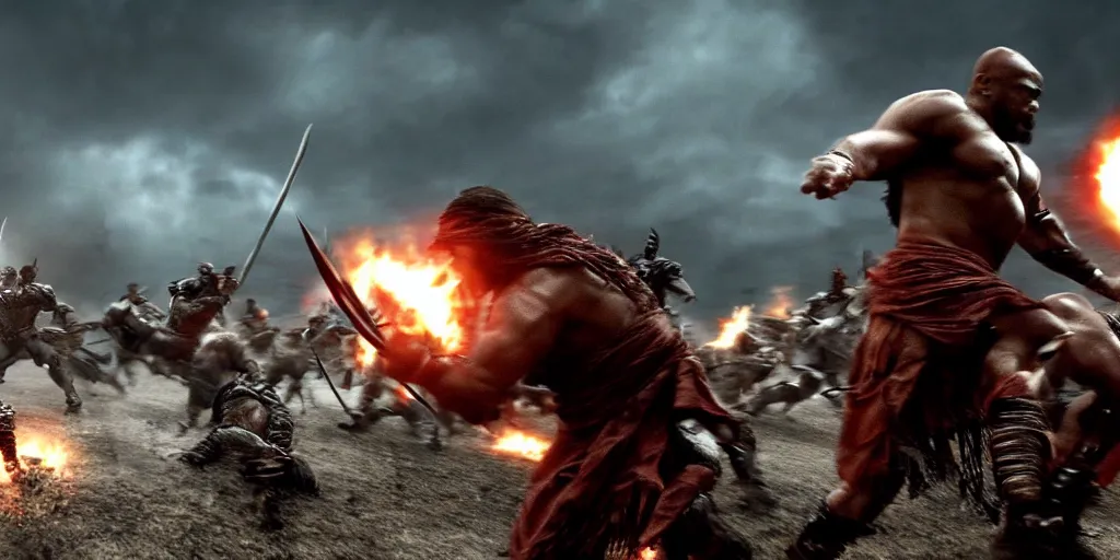 Image similar to epic battle screen of hero, film still from the movie'3 0 0'( 2 0 0 6 ), 3 d, 8 k realistic, cryengine, playstion 5 screen, cinematic lighting