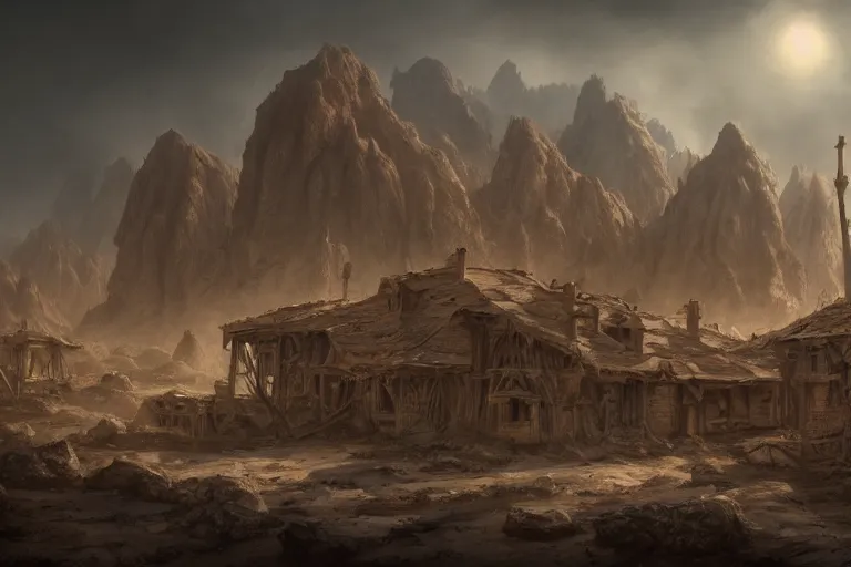 Image similar to Sprawling high fantasy abandoned desert village, Cinematic Matte Painting, Insanely Detailed, Award Winning, Trending on Artstation, 8k, UHD