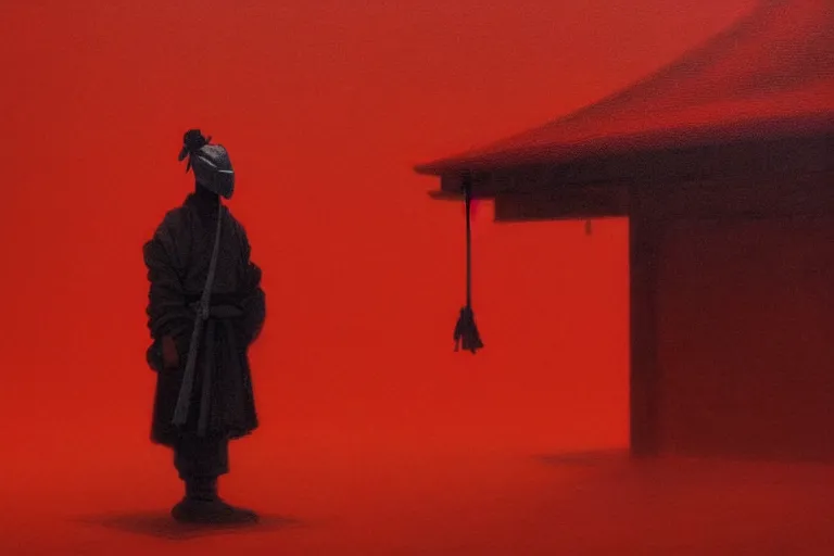 Image similar to only with red, a red samurai harakiri, tokio, a lot of frogs watch, in the style of beksinski, parts by edward hopper, parts by rodcenko, parts by yue minjun, intricate and epic composition, red by caravaggio, insanely quality, highly detailed, masterpiece, red light, artstation, 4 k