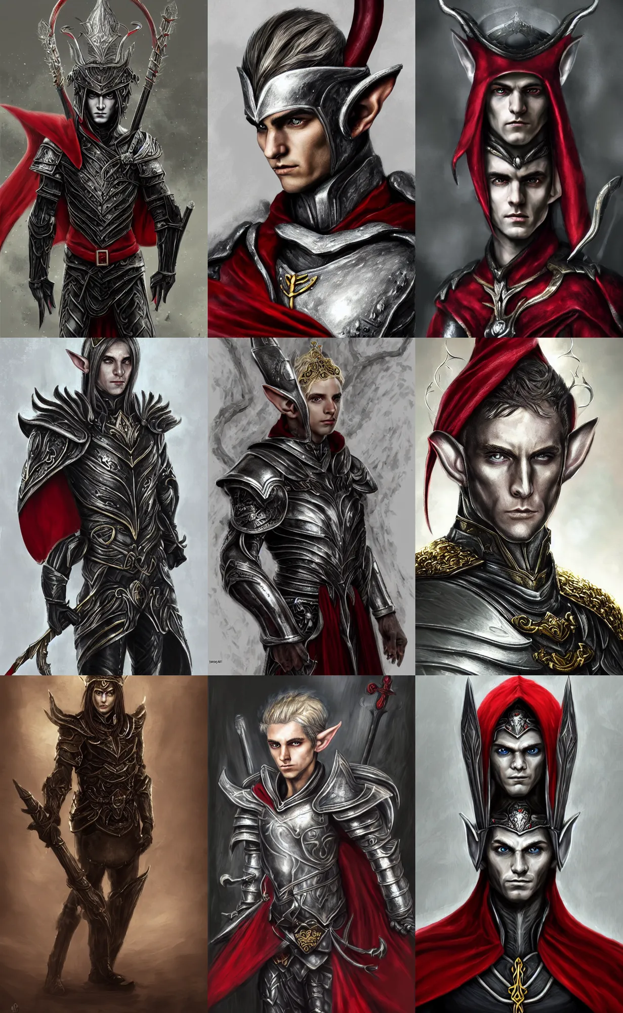 Prompt: A portrait of an elf, he is about 20 years old, short silver hair, red eyes, lean but muscular, attractive, military composure, royalty, smug look, he is wearing a black metal tiara, black heavy armor with gold plating, and a red cape | highly detailed portrait, digital painting, concept art, illustration, smooth, sharp focus, ArtStation, ArtStation HQ