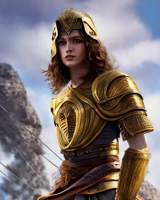 Prompt: Hyper realistic painting of a female fighter with beautiful curly shiny copper hair and broad shoulders in a golden cuirass and white armor elements, d&d character, she looks like an ancient Greek soldier from assassin's creed, she is super athletic, vibrant colors, natural light, Mediterranean background, low angle, mist, micro details, octane render, in the style of Greg Rutkowksi, Artgerm and Jaime Jones, trending on artstation, concept art for movies