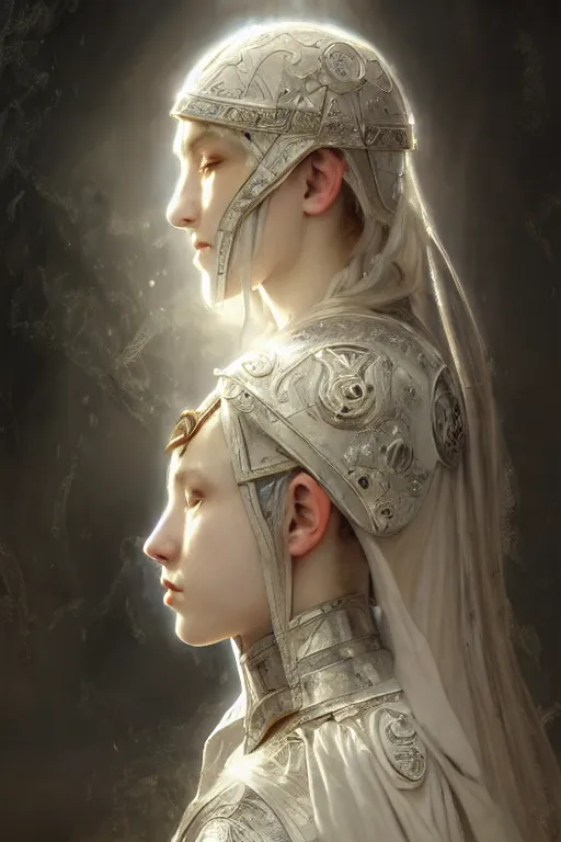 Image similar to beautiful and victorian and holy and divine and elite young medieval female white armor knight portrait +shinny eyes+front face with light flowing hair, ultradetail face, art and illustration by tian zi and craig mullins and WLOP and alphonse mucha, fantasy, intricate complexity, human structure, human anatomy, fantasy character concept, watermark, blurry, hyperrealism 8k