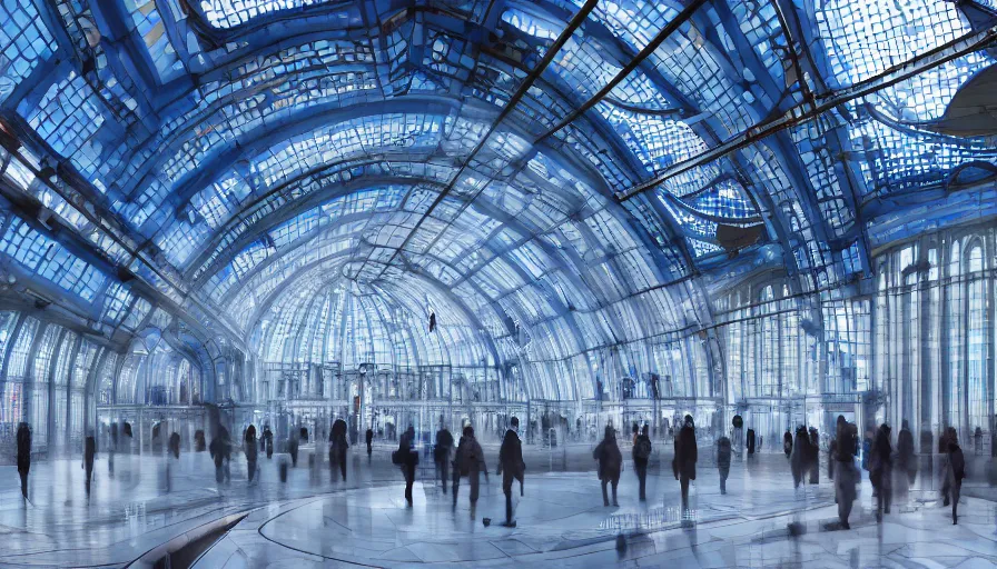 Prompt: futuristic brussels with white futuristic train station with blue lights and stained glass, glass dome, hyperdetailed, artstation, cgsociety, 8 k