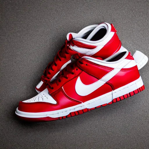 Image similar to a press photograph of nike dunk low red and white, size 1 0, white background