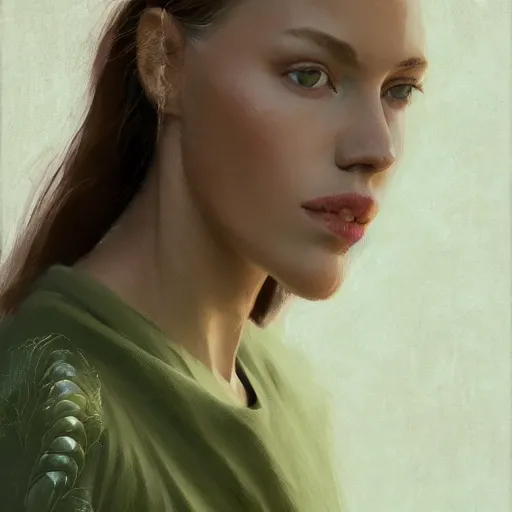 Prompt: close up portrait of beautiful female supermodel wearing olive dress, hotography by amy leibowitz, wlop, jeremy lipkin, beeple, intricate, symmetrical front portrait, artgerm, ilya kuvshinov