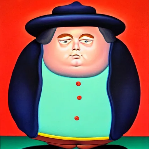 Image similar to a fernando botero painting of eric cartman, oil on canvas, art