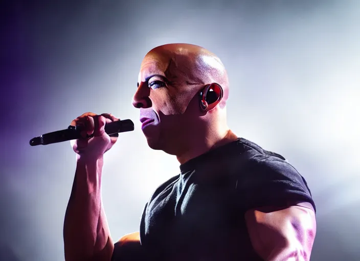 Prompt: publicity photo still of vin diesel in muse live on stage, 8 k, live concert lighting, mid shot